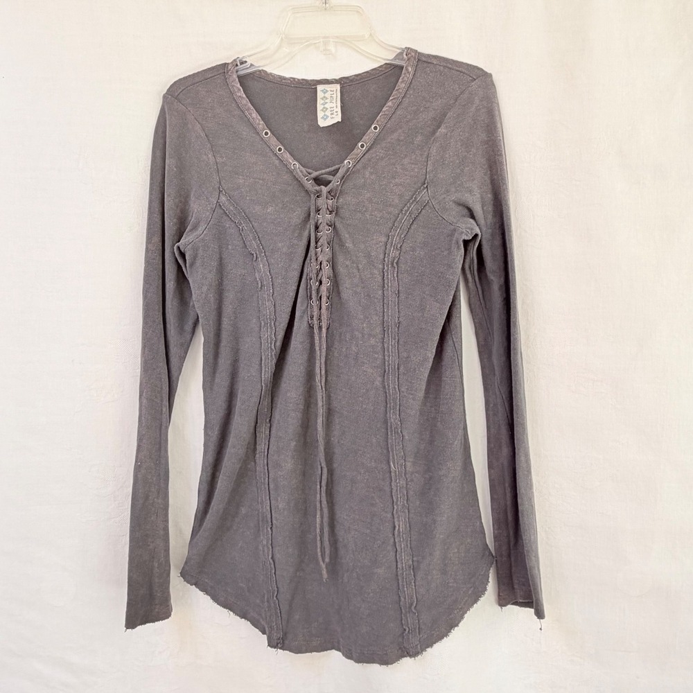 Free People Lace Up Top Womens Large Gray Long Sleeve Boho Exposed Seam